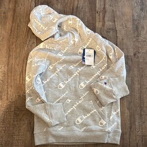 Champion Light Gray Hoodie with All-Over Logo